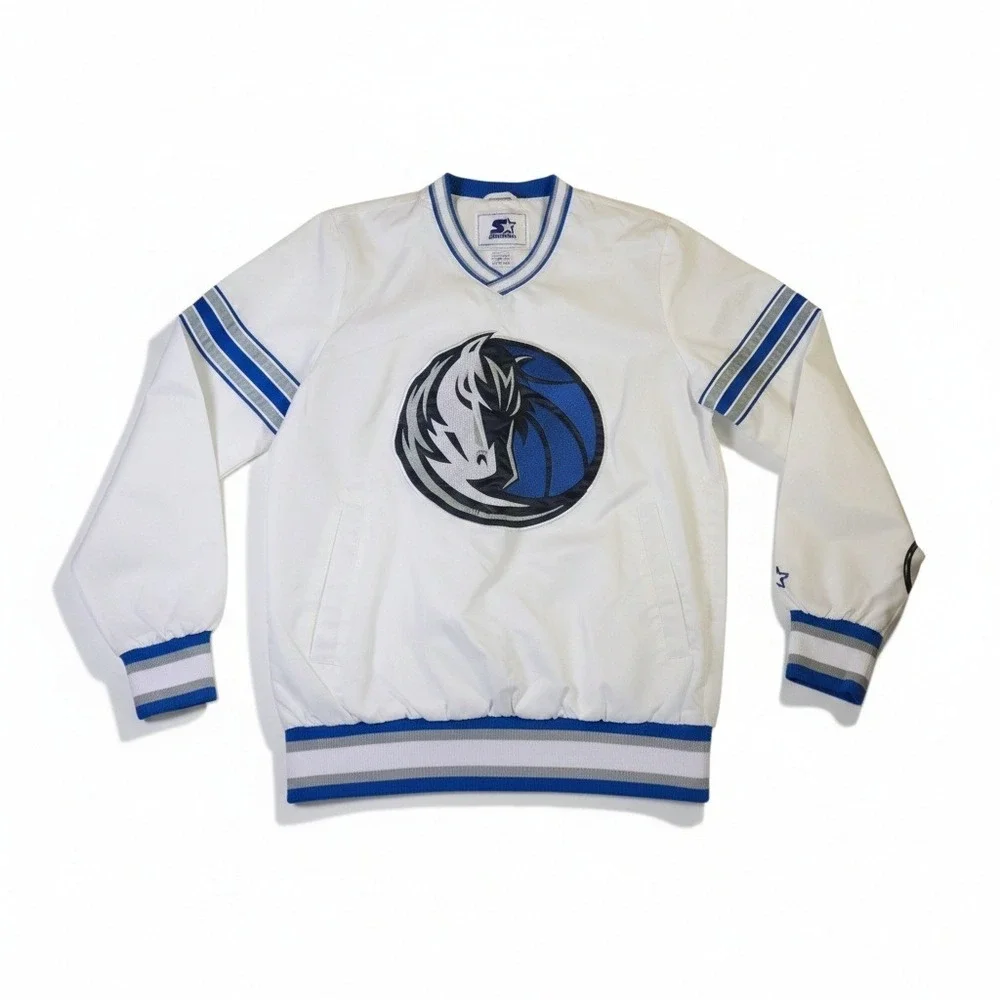 Starter Dallas Mavericks Windbreaker Jacket Mens Small White Blue Pullover NBA‎